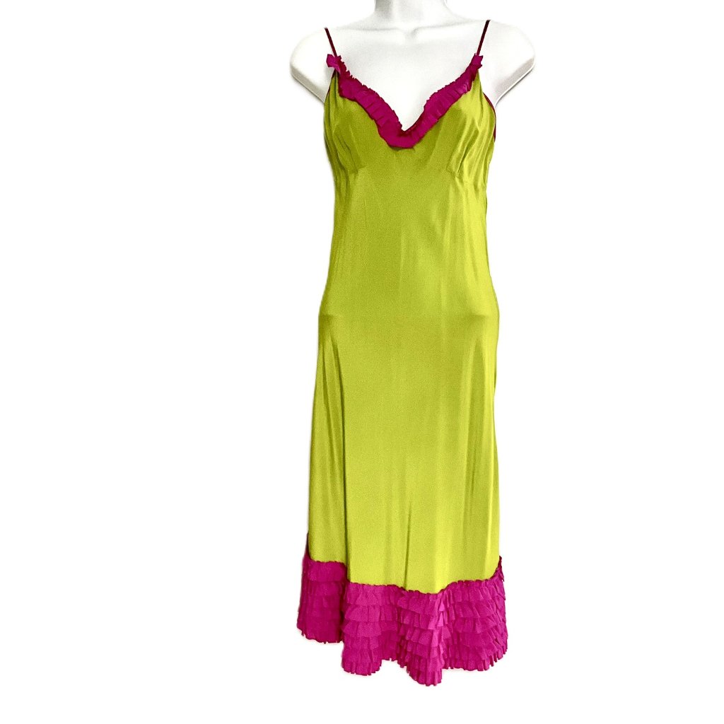 Etro Milano 100% Silk Slip Dress Open Back Green Purple Ruffle It 42 Italy